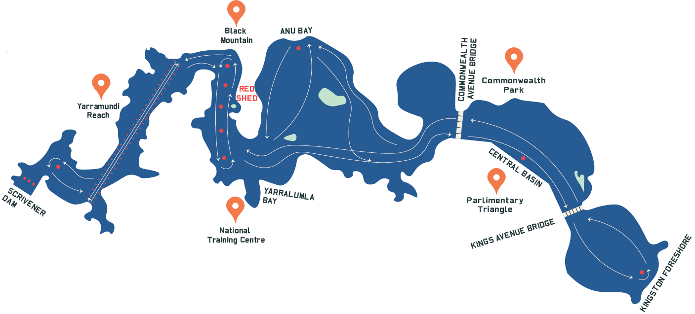 Map of Lake Burley Griffin showing Red Shed and the Canberra landmarks around the lake