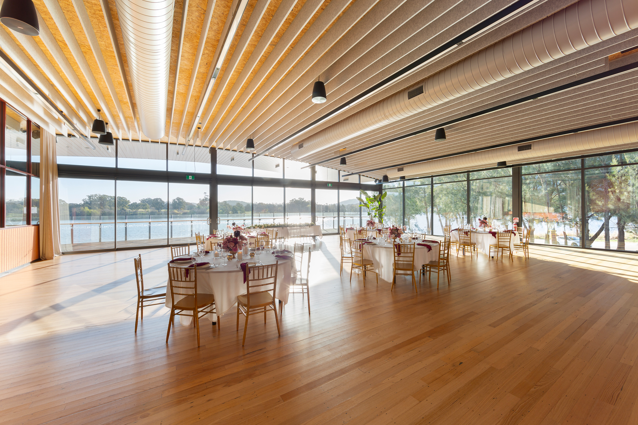 The Telopea Room set banquet style with long tables