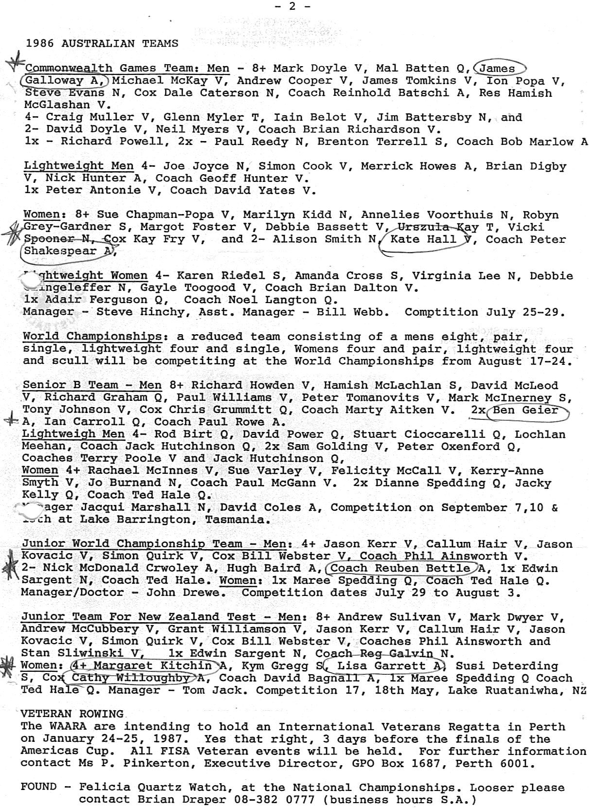The 1986 Australian teams