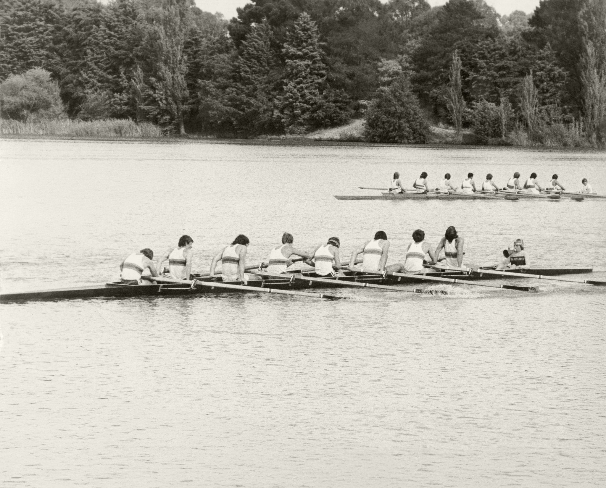 Eights racing on the lake, from the archive