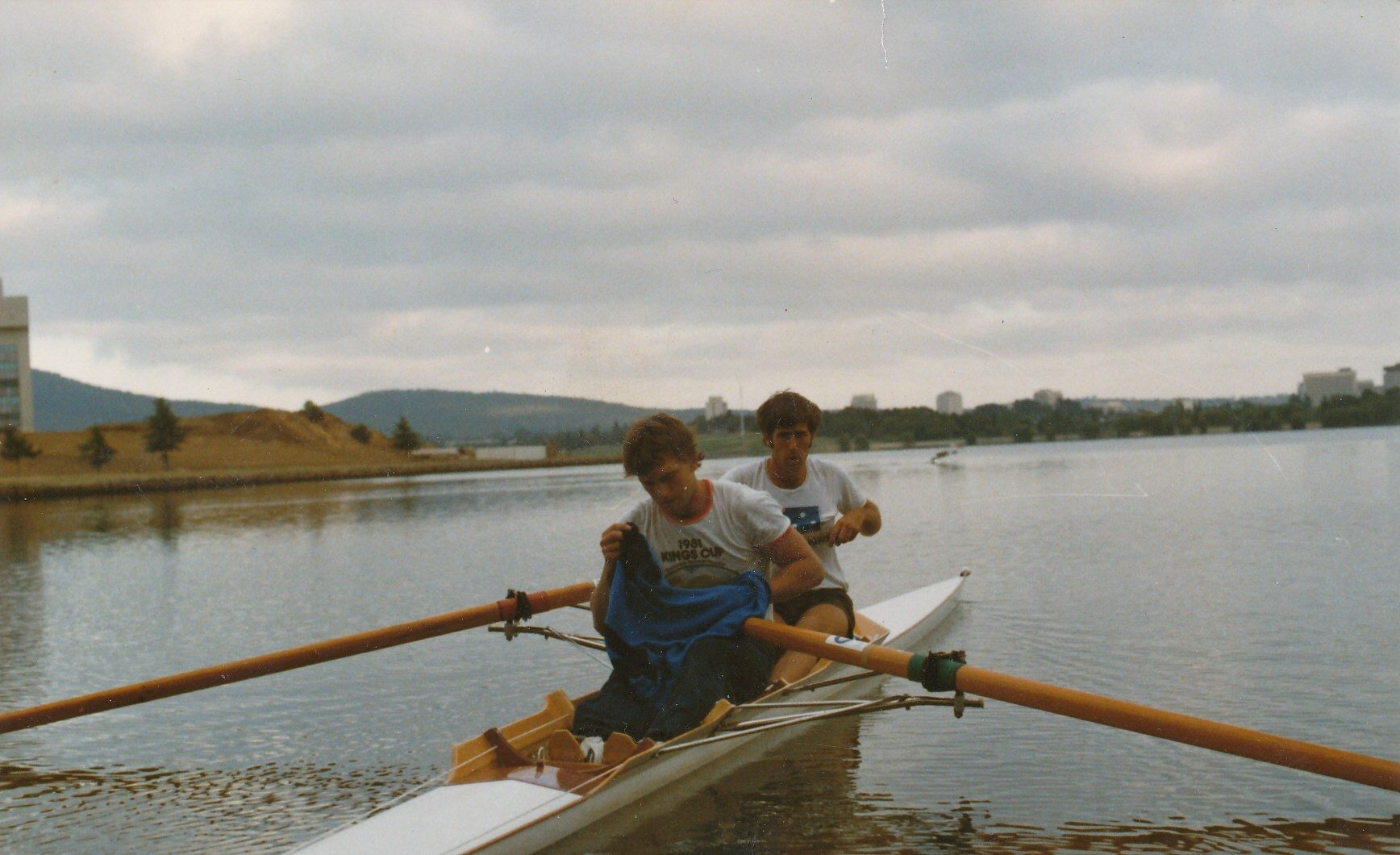 Rowing a new boat in 1981, before the High Court was finished