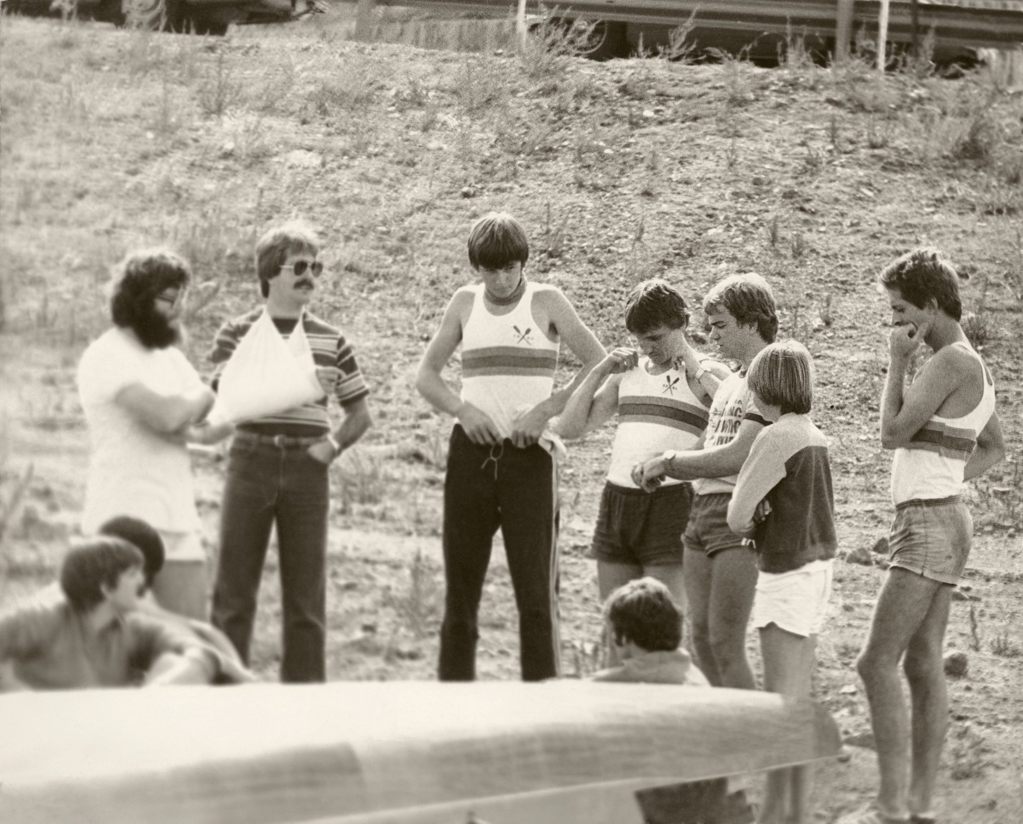 A crew gathered on shore, from the Red Shed historical archive