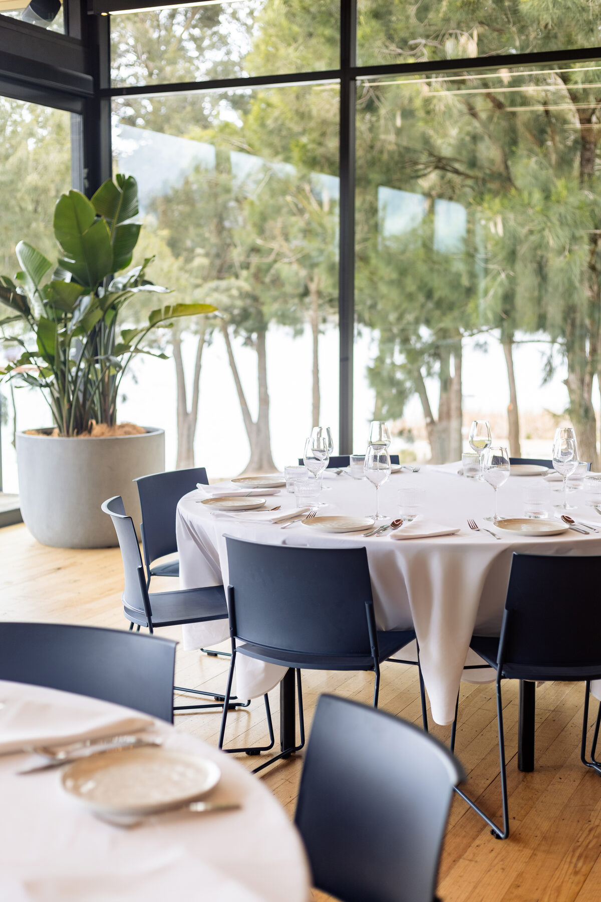 Round tables dressed for a function in the Telopea Room, with plants and Lake Burley Griffin beyond